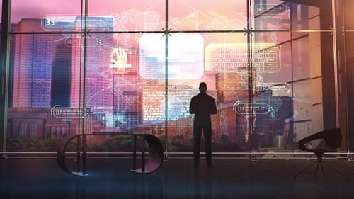Homme d'affaires du futur devant un panneau virtuel 4K
