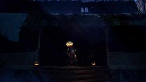 Spooky Haunted House With Pumpkin Head Character On Halloween Night