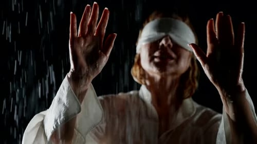 Sensory Deprivation Blindfolded Woman Rejoicing By Rain in Night Portrait Lady in Wet White Shirt
