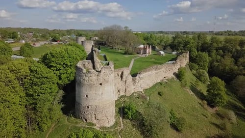 Koporye fortress aerial view in summer with sunny weather