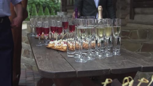 A Buffet of Alcoholic Beverages a Hand Takes a Glass of Champagne
