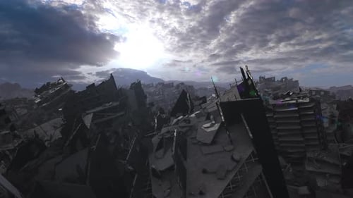 destroyed city after earthquake or war, aerial view.