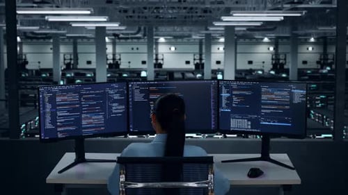 Back View Of Asian Woman Developer Using Computer To Write Code In Data Center