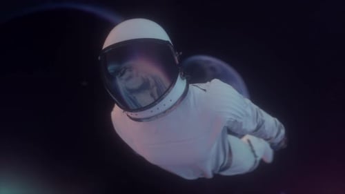 Astronaut in Space Tunnel Space Suit Flying in Through Starfield