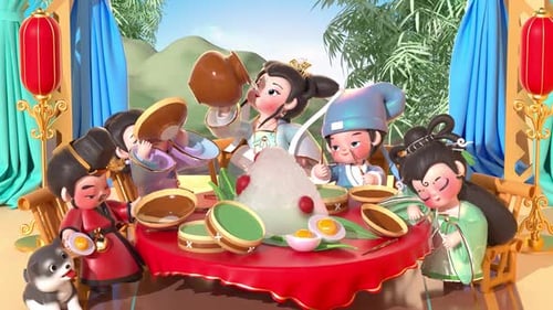 Animated Chibi Characters Celebrating with Traditional Chinese Food