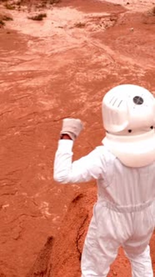 Vertical of An Astronaut Celebrating Victory Stands on a Hill Near the Edge of the Crater