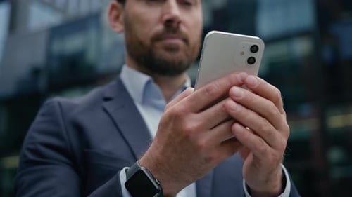 Caucasian Businessman Using Mobile Phone Smartphone Typing Message City Outdoor Gadget Hands Man
