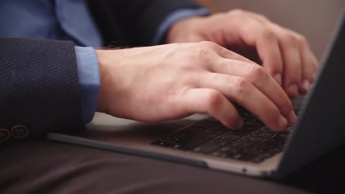 Closeup Man Hands Opening Laptop Computer In Remote Office In Slow Motion. Business Man Typing On...