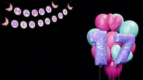 Animated Happy Birthday Banner with Number 17 Balloons