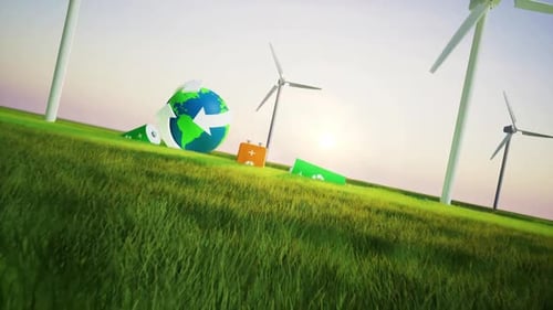 Generic electric car driving through green landscape with solar panels and wind turbines