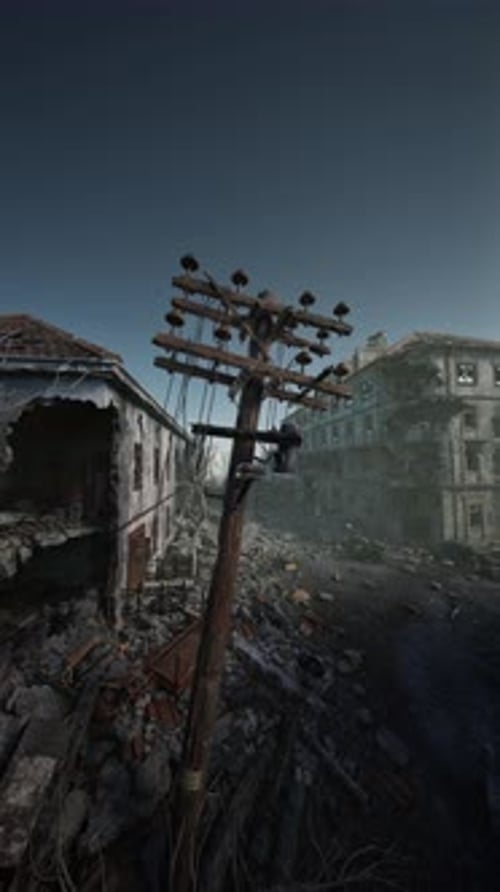 Destroyed City Street with Broken Utility Pole