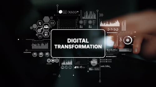 Hand Using Touchscreen Technology with Digital Transformation Graphics