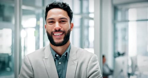 Businessman, smile and face in office with confidence, ambition and excited for finance career