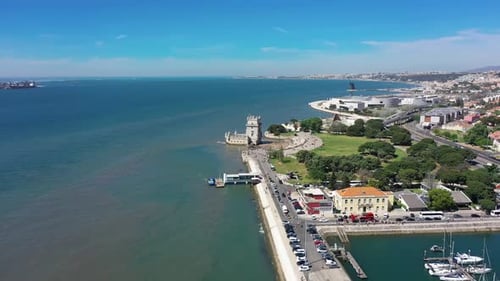 Aerial video of Belem Tower in Lisbon, Portugal