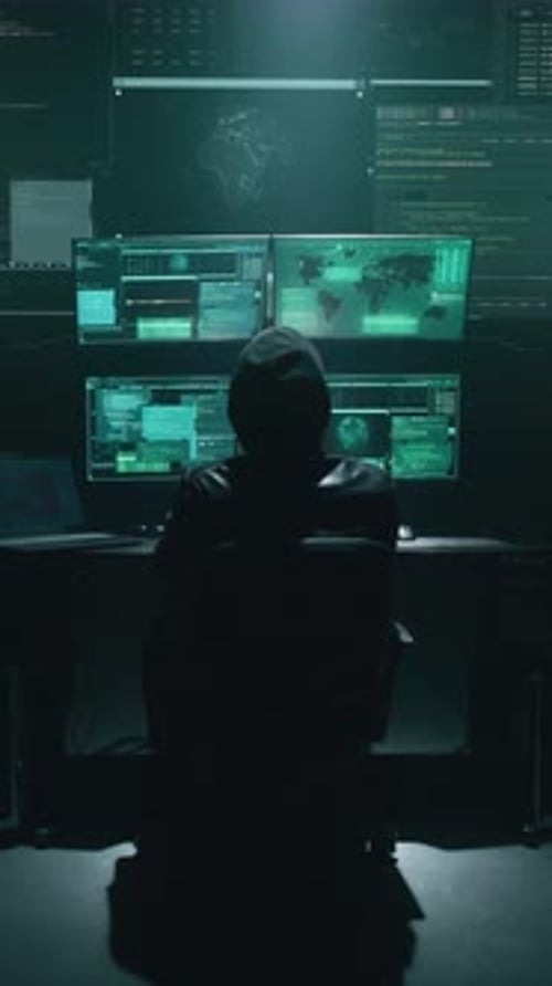 Dark Silhouette Hacker Working at Multiple Monitors