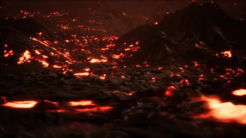 Rot-orange lebendige geschmolzene Lava fließt auf graues Lavafeld und glänzendes felsiges Land