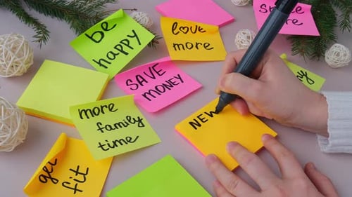 Mulher escrevendo promessas, metas e metas Preparação para o Ano Novo, Nova Vida, Novo Eu Visualizando a Lista de Desejos