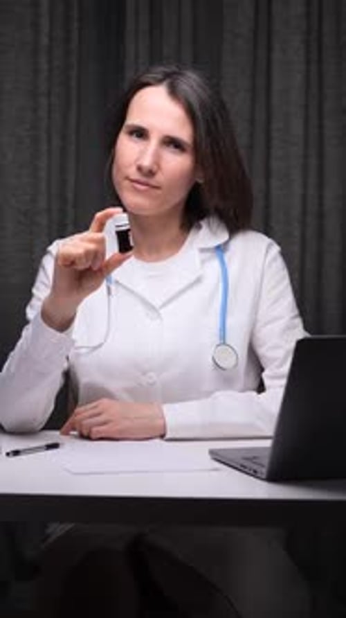 Female Doctor Holding Medicine Bottle in Workplace
