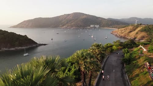 Sunset in Phuket Island View of Bay with Many Boats and Yachts