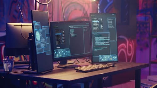 PC Monitors in Neon Lit Warehouse