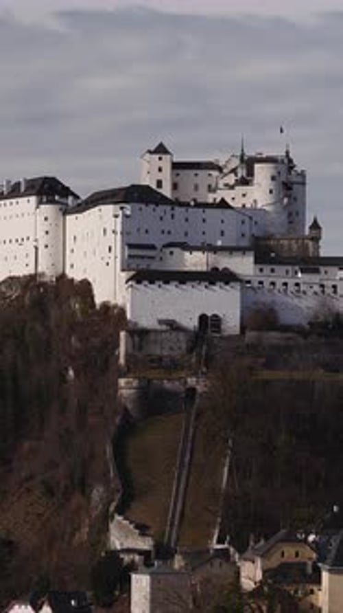 Aerial Reveal of Hohensalzburg Fortress Above Salzburg Austria