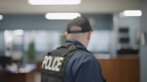 Police Officer Walking Away in Blurred Office Setting