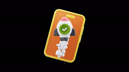 3D Animated Mobile App Rocket Launch with Success Checkmark