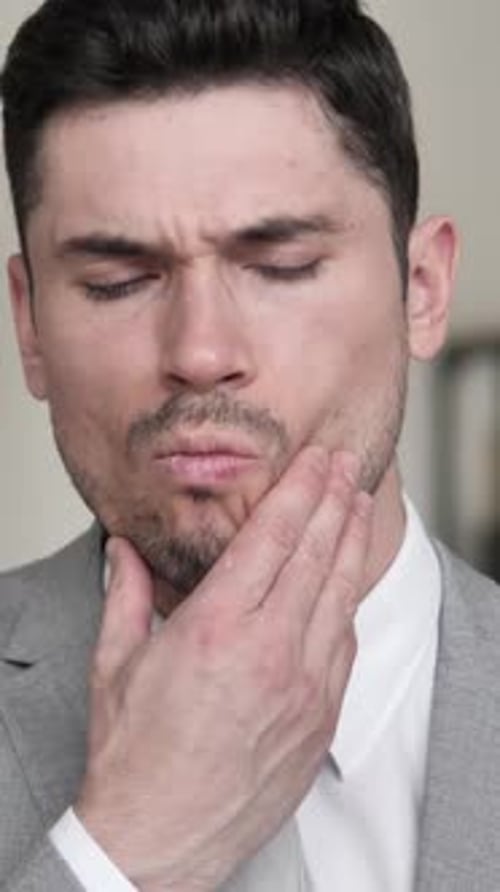 Toothache, Close up of Businessman with Tooth Pain, Vertical Video