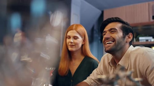 4K Couple enjoy and fun hangout party together at luxury restaurant bar.