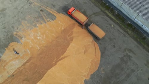 Vista aérea de un remolque descargando granos en un almacén agrícola.