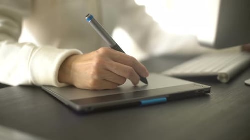 Woman Using Graphics Tablet with Stylus for Digital Art