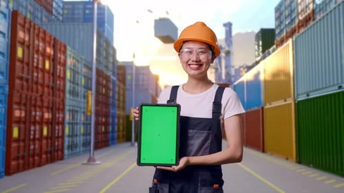 Asian Woman Worker Smiling And Showing Green Screen Tablet To The Camera At Container Yard Warehouse