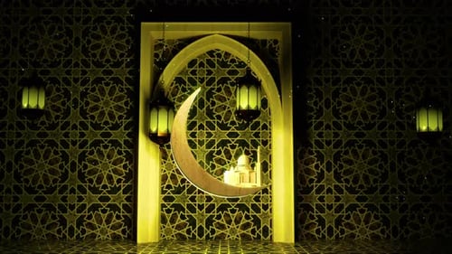 Ramadan Eid Mubarak Islamic Crescent Moon and Lanterns Loop