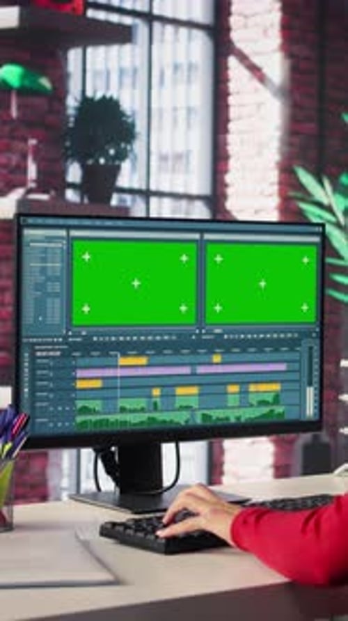 Vertikale Videoredakteurin Woman arbeitet in einer kreativen Software an der Videomontage