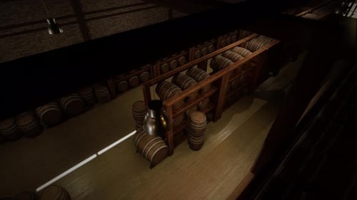 Wine Barrel Storage In The Wine Vault. Barrels Of Cognac, Wine Or Whiskey