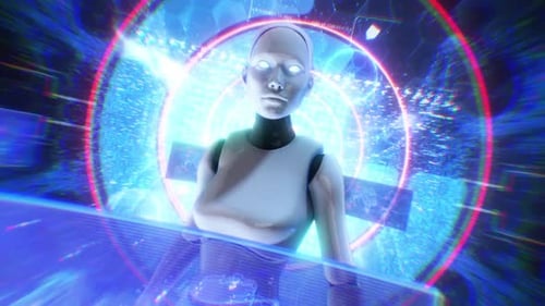 Futuristic AI Robot Interacting with Holographic Digital Data