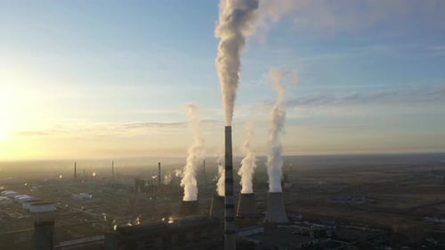 Thermal Electricity Generation Station From Above Exhausts Air Emissions Aerial View of Thermal