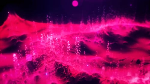 Abstract moving red futuristic landscape of particles and dots of energetic magic with glow and blur