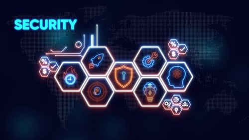 Animated Neon Security Icons with Global Map