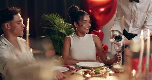 Happy, couple and red wine on date at restaurant for romance, valentines day celebration