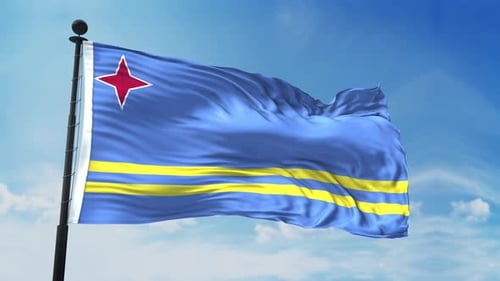 Realistic Aruba National Flag Waving in Clear Blue Sky