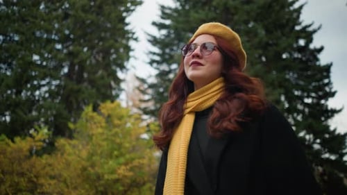 Autumn Stroll Redhead in Yellow Beret and Park Ambiance