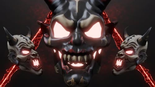 Dark Oni Masks Reveal with Glowing Eyes and Fiery Chains