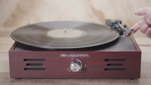 Vintage Record Player with Vinyl Record Close Up