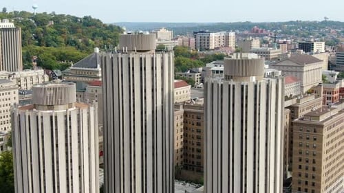 Aerial of dormitory buildings at University of Pittsburgh campus in Pennsylvania, USA. College life