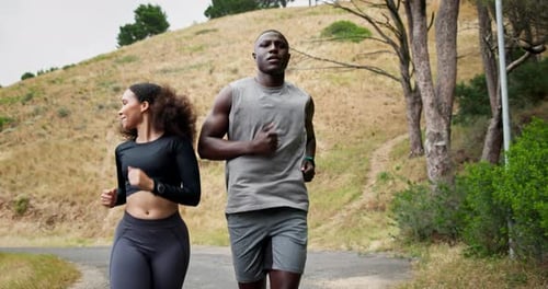 Man, woman and running on mountain path or fitness with personal trainer for exercise