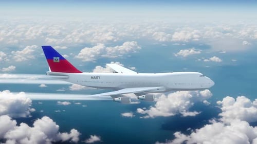 Commercial Airliner Passanger Plane Jumbo Jet Flying Over Clouds With Country Flag Haiti