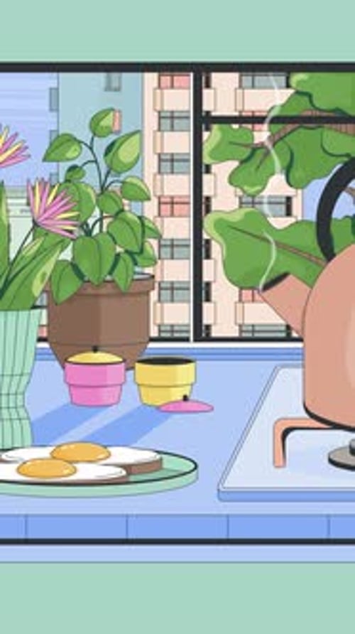 Cozy morning kitchen with breakfast and boiling kettle lofi vertical animation