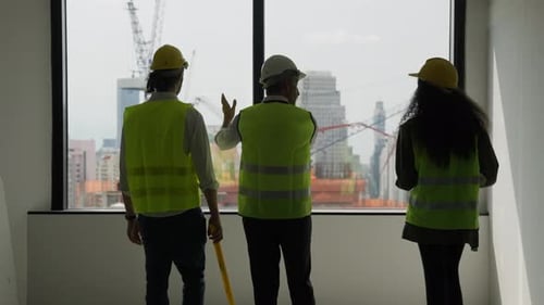 Group of professional civil engineers team working on new building at construction site