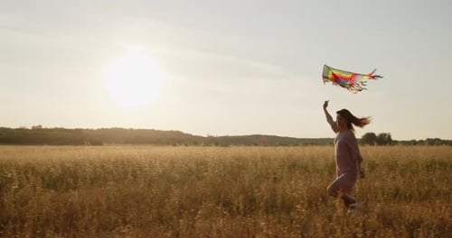Young Active Woman Runs with Colorful Kite Through Golden Wheat Field at Sunset